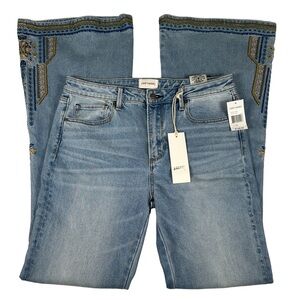 Driftwood Farrah embroidered bell bottom flare light wash jeans